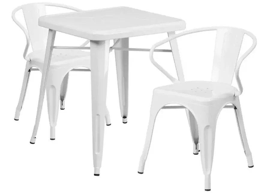 Flash Furniture Commercial Grade 23.75" Square White Metal Indoor-Outdoor Table Set with 2 Arm Chairs