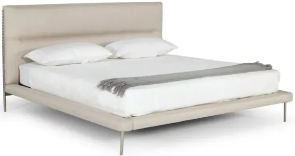 Siyan Queen Size Platform Bed, Cushioned Headboard, Beige Woven Upholstery - Benzara