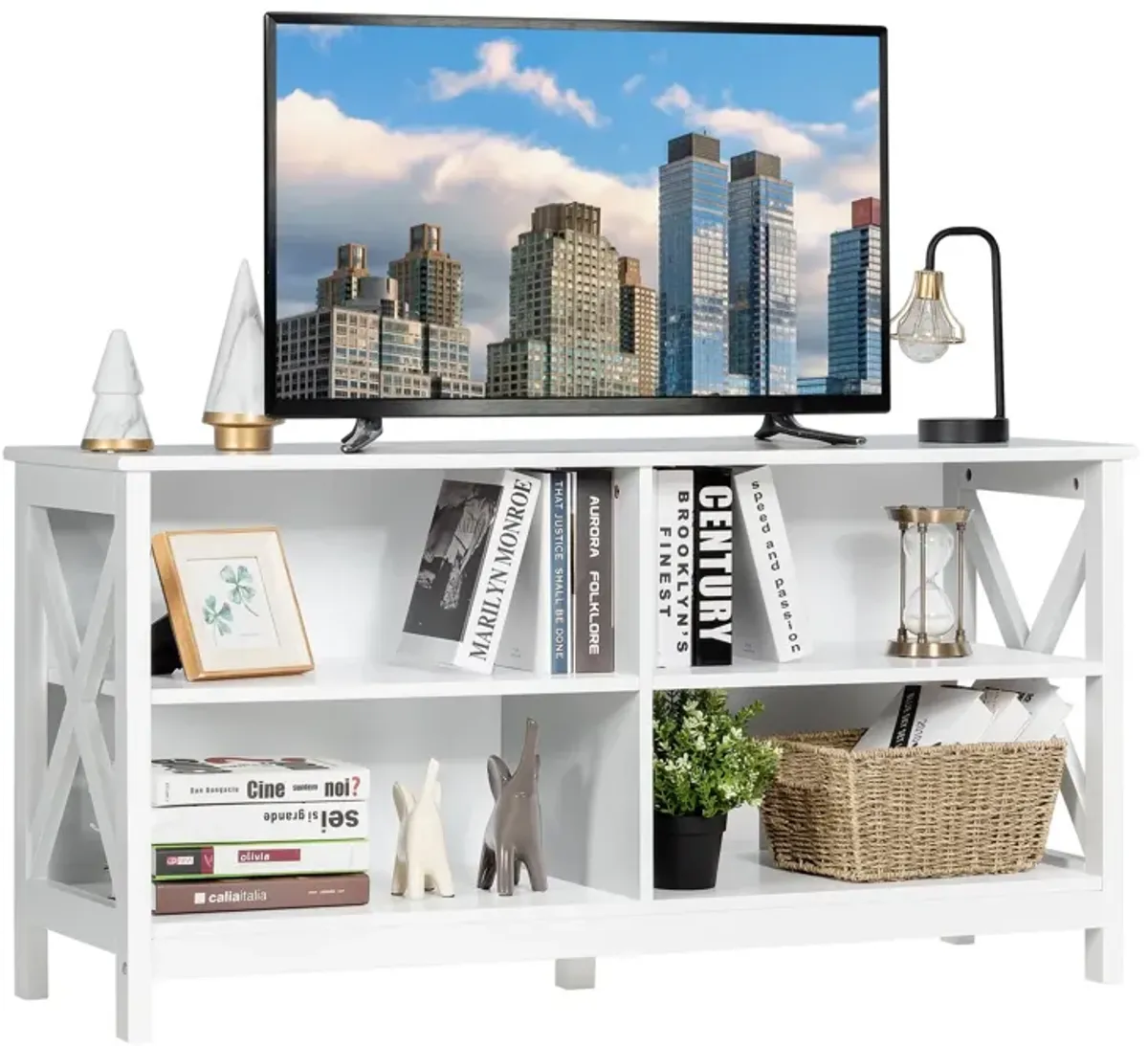 Wooden TV Stand Entertainment for TVs up to 55 Inch with X-Shaped Frame