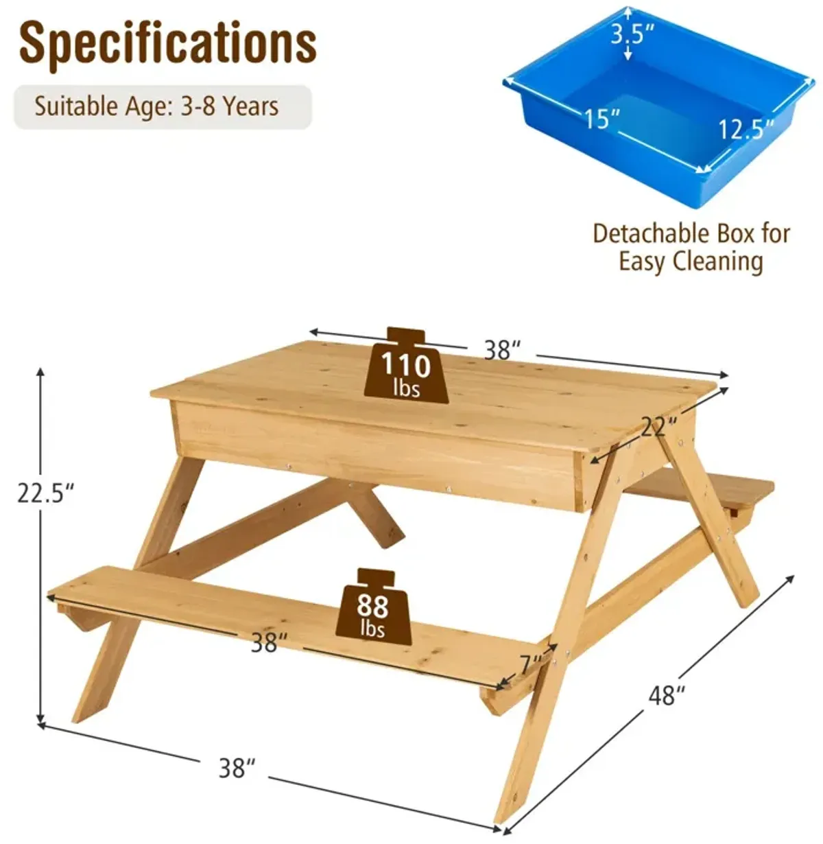 3-in-1 Kids Picnic Table Wooden Outdoor Water Sand Table with Play Boxes