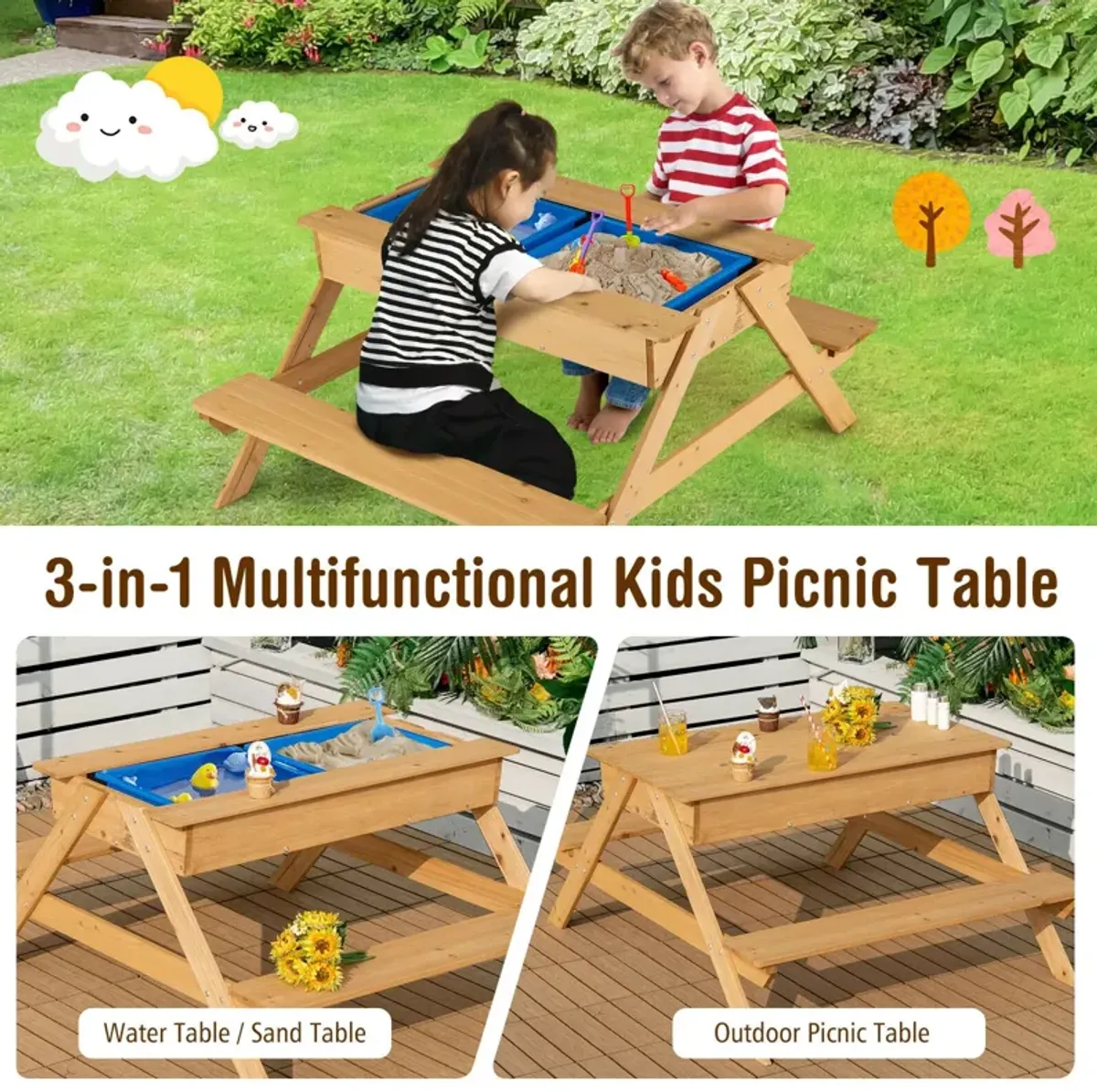 3-in-1 Kids Picnic Table Wooden Outdoor Water Sand Table with Play Boxes