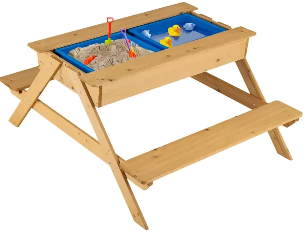 3-in-1 Kids Picnic Table Wooden Outdoor Water Sand Table with Play Boxes