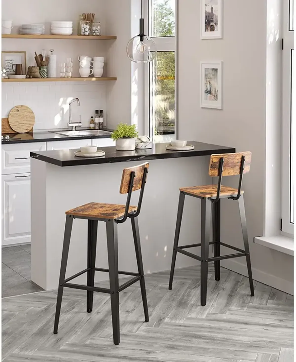 Set of 2 Modern Bar Stools with Adjustable Height and Footrest