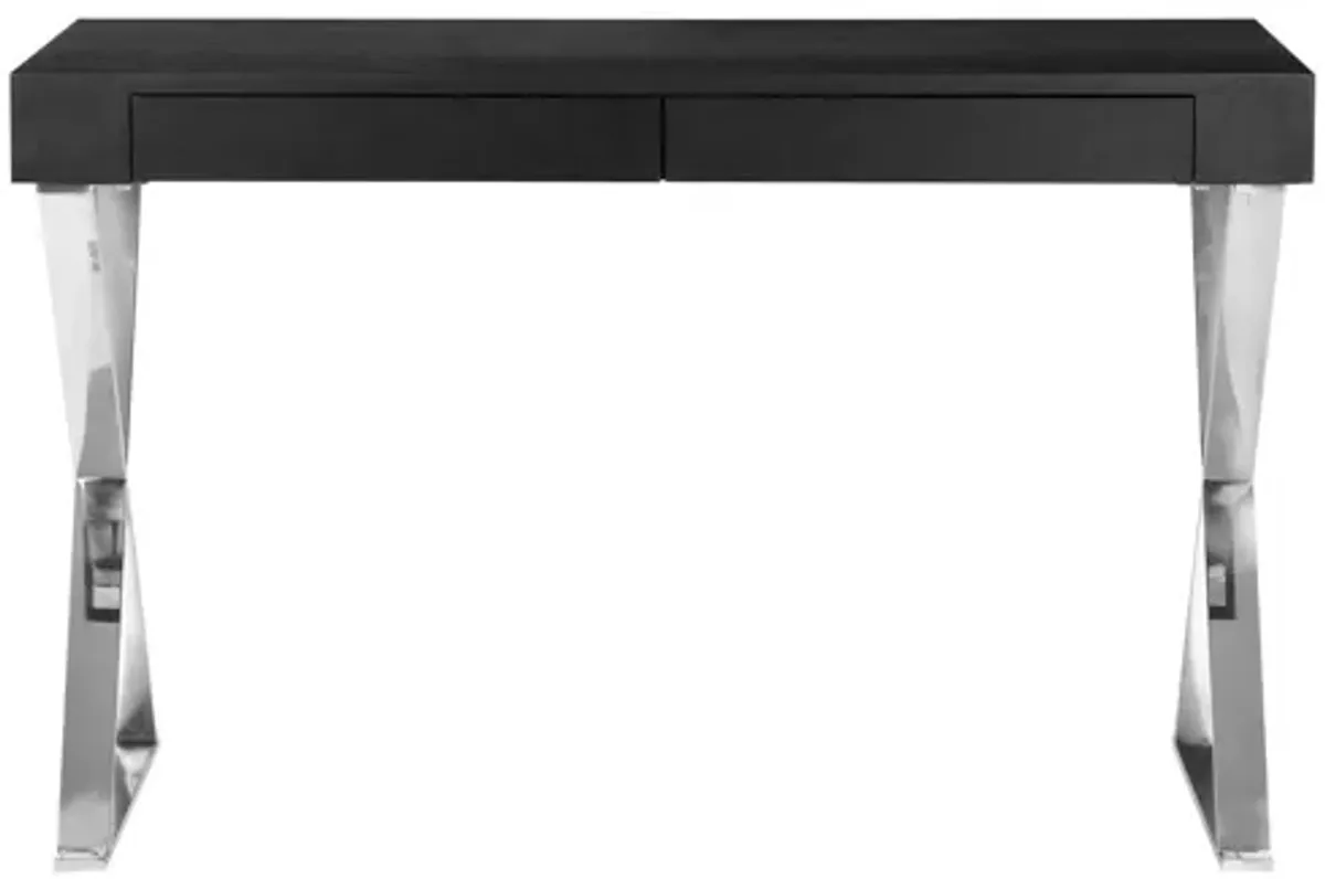 Rix 47 Inch Office Desk, Black Wood Top, 2 Drawers, X Polished Steel Legs - Benzara