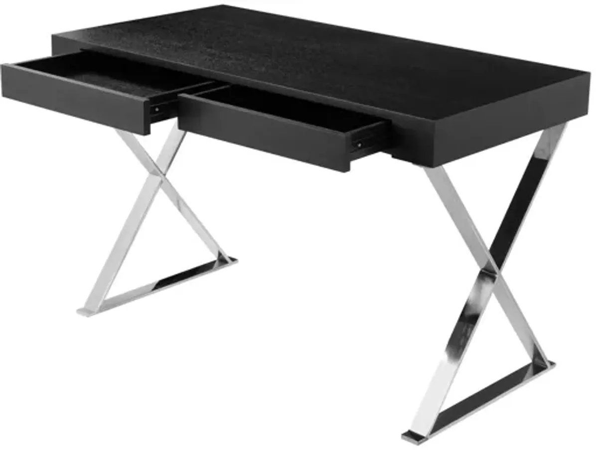 Rix 47 Inch Office Desk, Black Wood Top, 2 Drawers, X Polished Steel Legs - Benzara