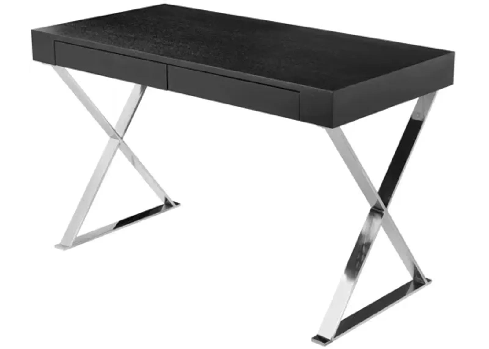 Rix 47 Inch Office Desk, Black Wood Top, 2 Drawers, X Polished Steel Legs - Benzara