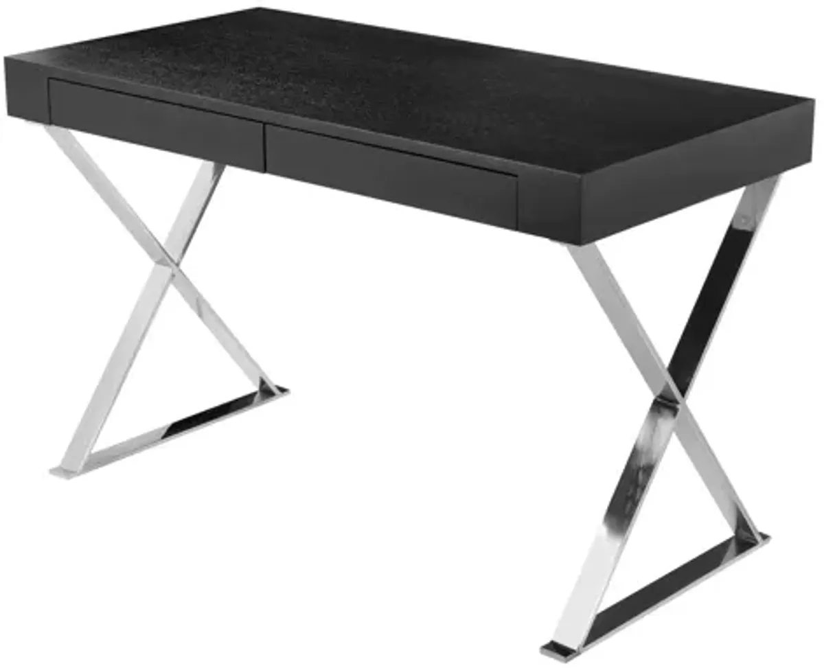 Rix 47 Inch Office Desk, Black Wood Top, 2 Drawers, X Polished Steel Legs - Benzara