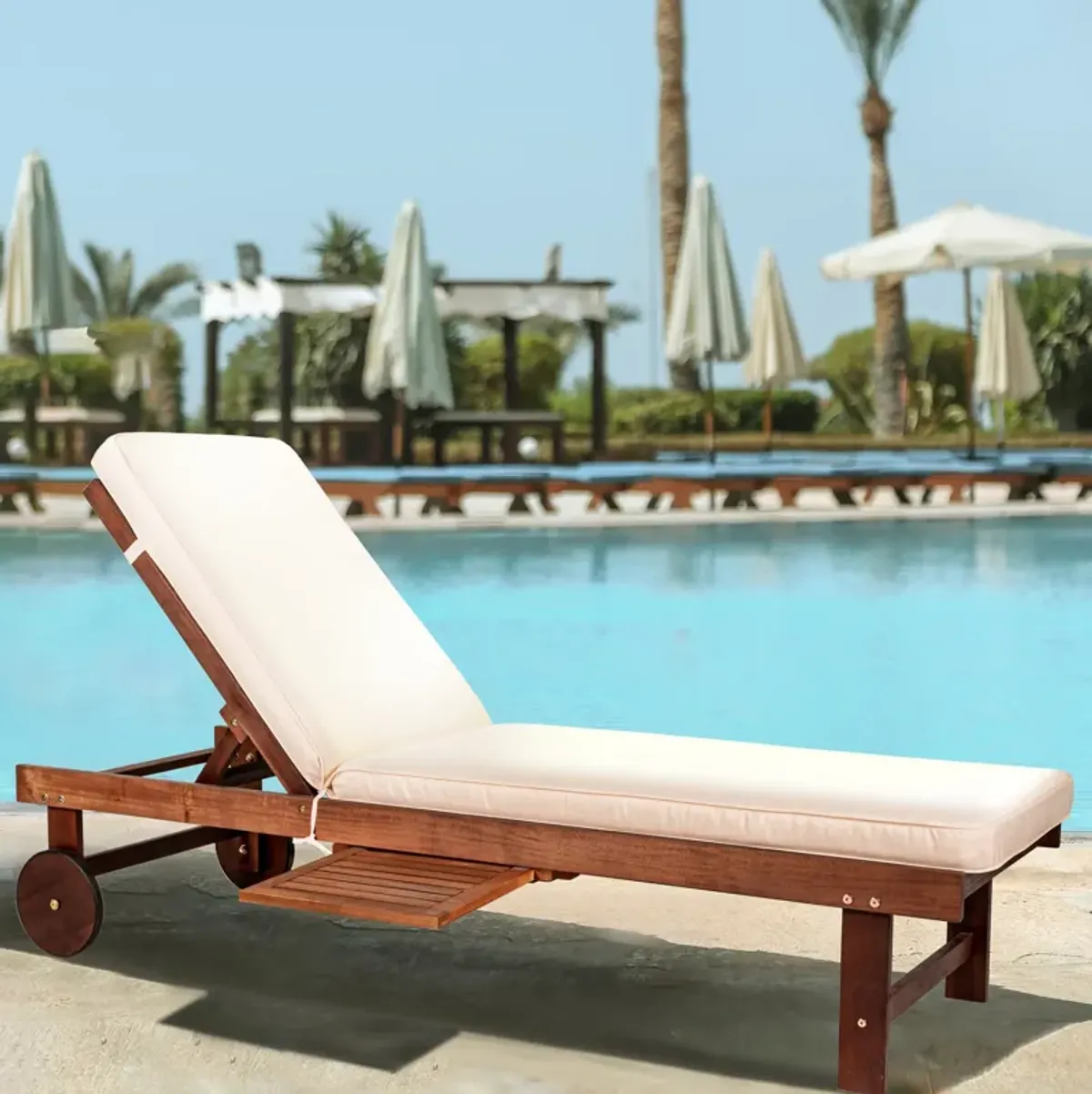 Seabrook Outdoor Acacia Wood Lounger with Cushion Position Back Slide Table Wheels