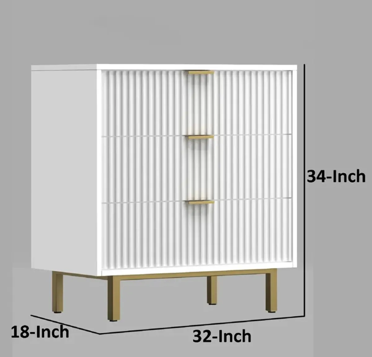 Beth 34 Inch 3 Drawer Small Dresser Chest, Mahogany Wood, White, Gold-Benzara