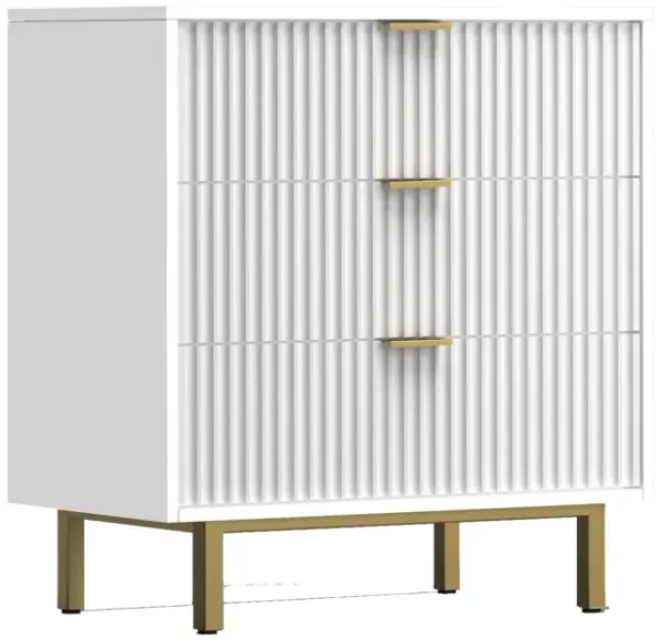 Beth 34 Inch 3 Drawer Small Dresser Chest, Mahogany Wood, White, Gold - Benzara