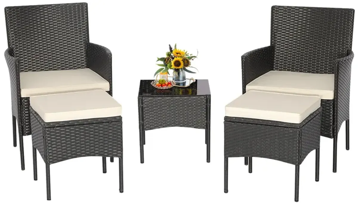 5 Pieces Outdoor Wicker Sofa Set with Coffee Table and 2 Ottomans