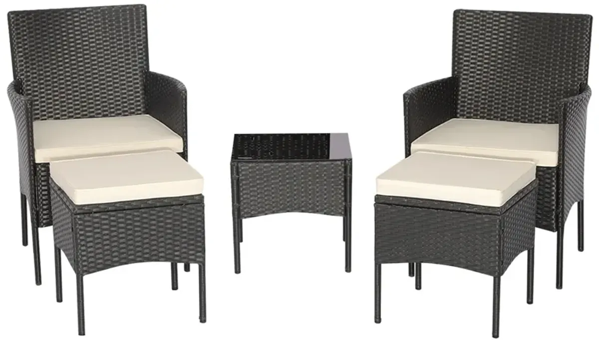 5 Pieces Outdoor Wicker Sofa Set with Coffee Table and 2 Ottomans