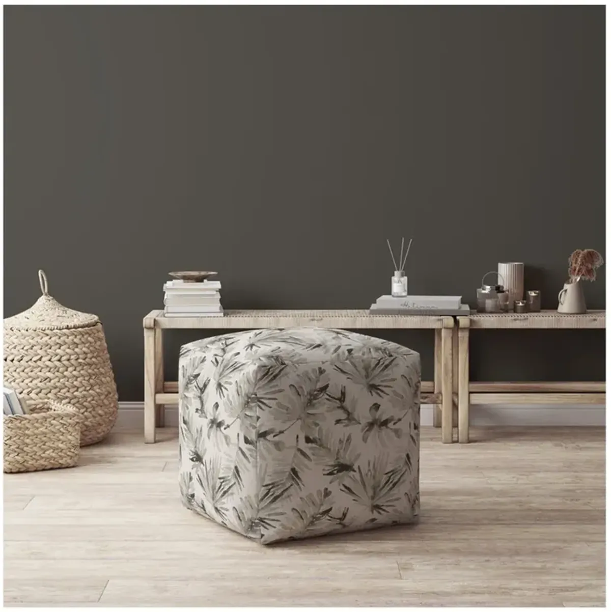 Homezia 17" Beige Flax Pouf Ottoman