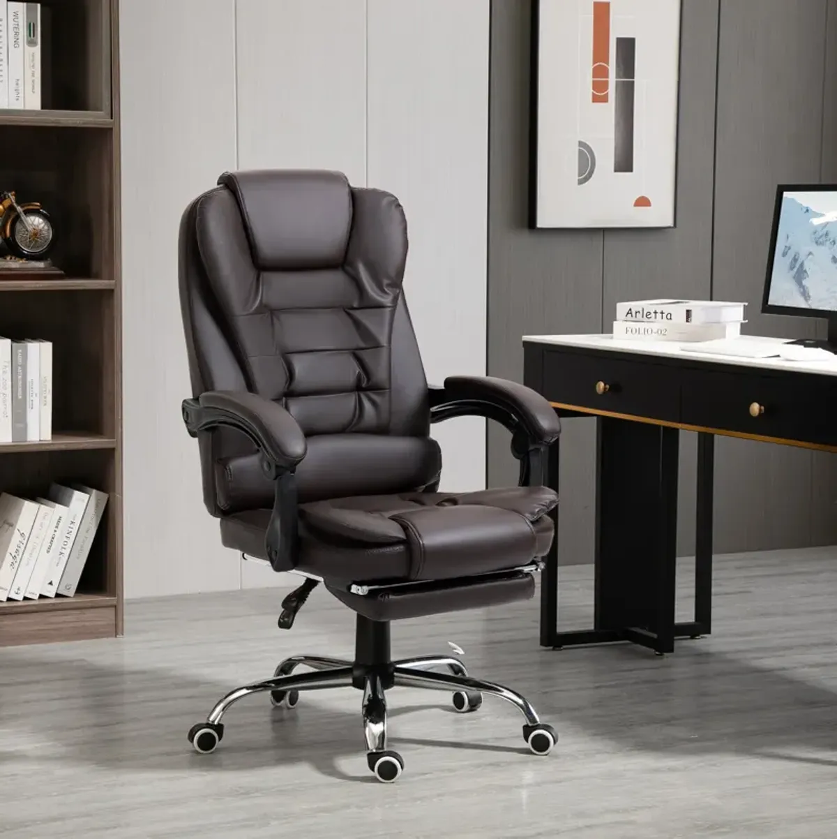 Coffee-Colored Office Chair: Ergonomic High Back with Retractable Footrest