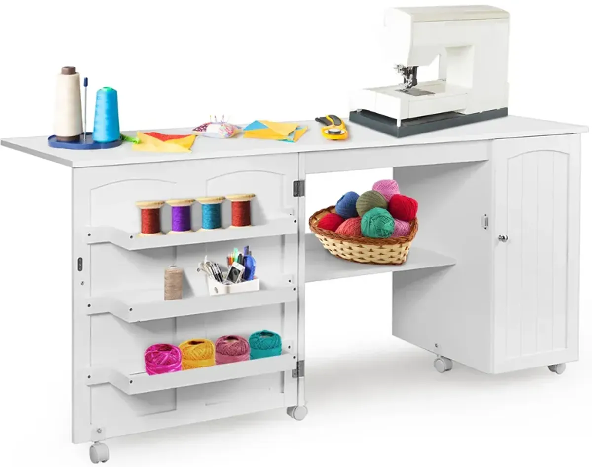 Folding Sewing Table Shelves Storage Cabinet Craft Cart with Wheels