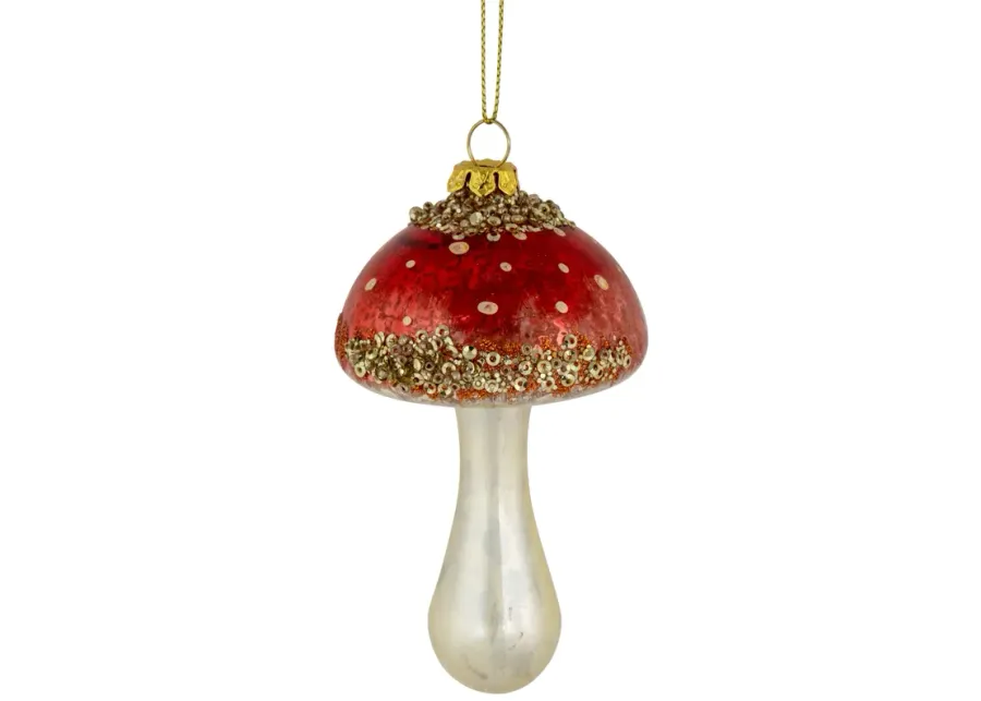 5" Sequined Mushroom Glass Christmas Ornament