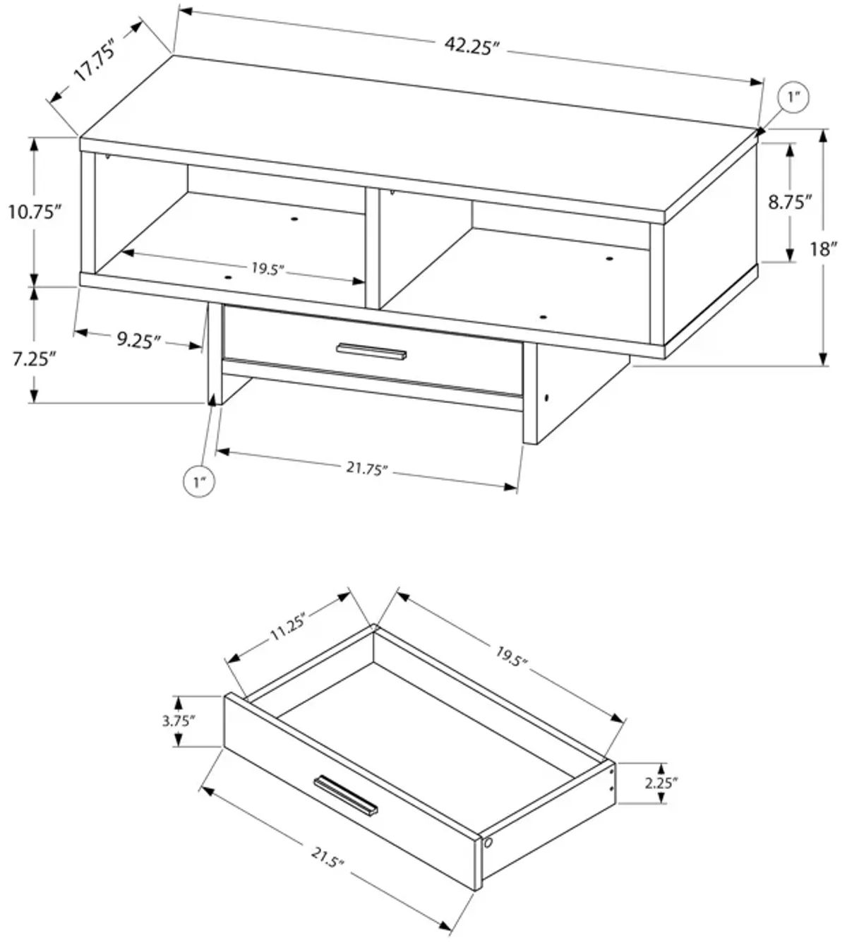 Monarch Specialties I 2810 Coffee Table, Accent, Cocktail, Rectangular, Storage, Living Room, 42" L, Drawer, Laminate, Black, Grey, Contemporary, Modern