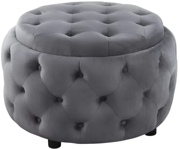 Lina 28 Inch Round Ottoman, Storage Area, Smooth Gray Vegan Faux Leather-Benzara