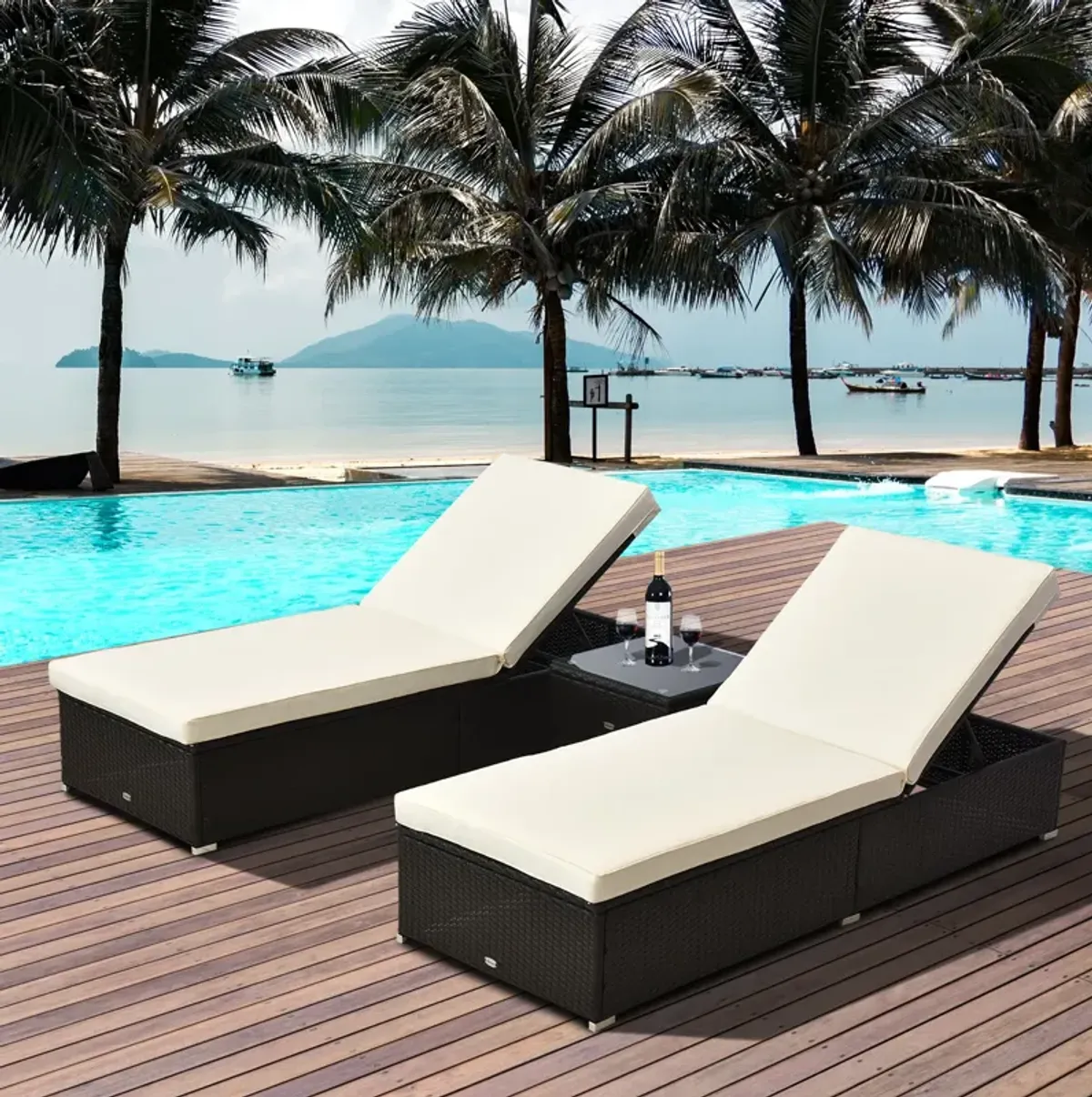 Poolside Relaxation Set: Cream Adjustable Lounge Chairs Duo with Table