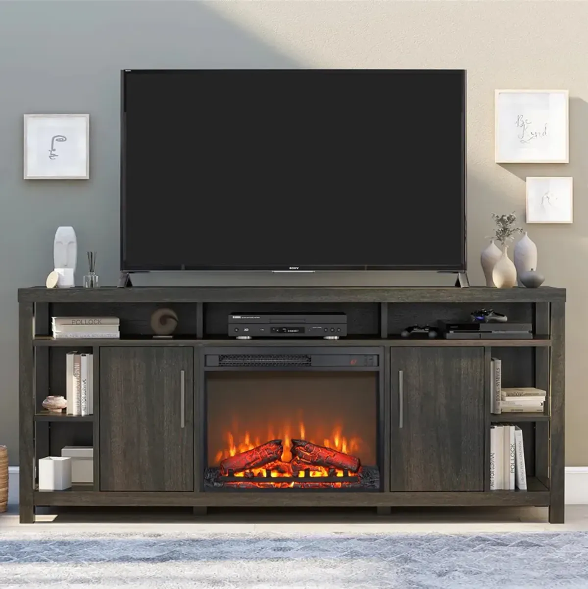 MONDAWE 23 Inch Electric Fireplace Insert, Ultra Thin Heater With Log Set and Realistic Flame, Remote Control With Timer, Overheating Protection