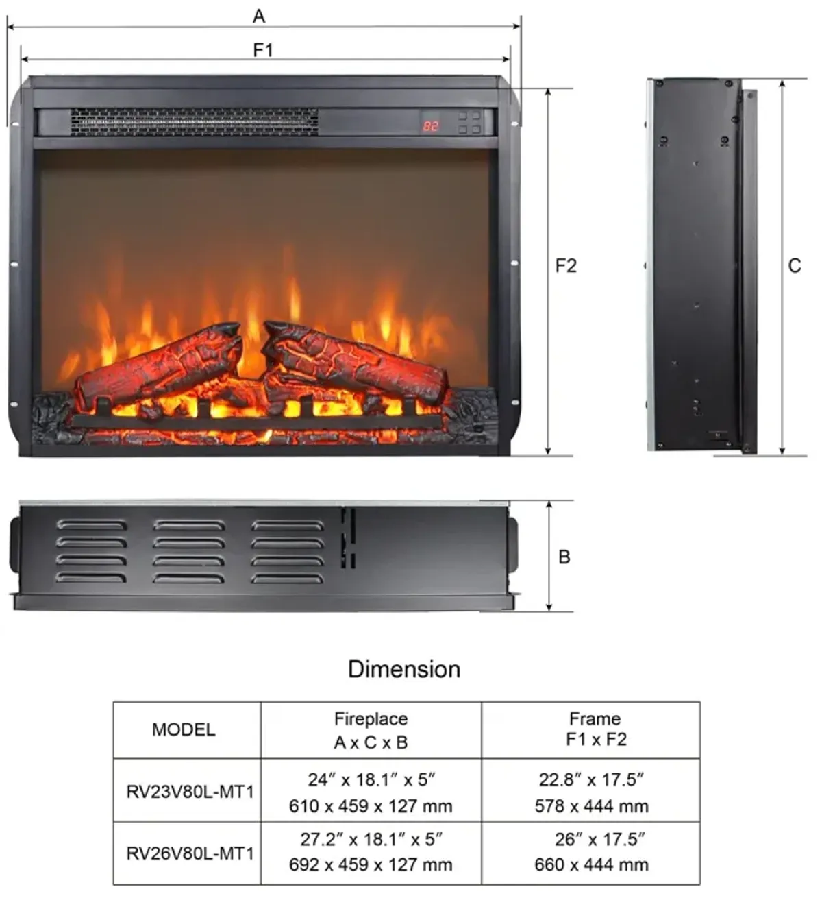 MONDAWE 23 Inch Electric Fireplace Insert, Ultra Thin Heater With Log Set and Realistic Flame, Remote Control With Timer, Overheating Protection