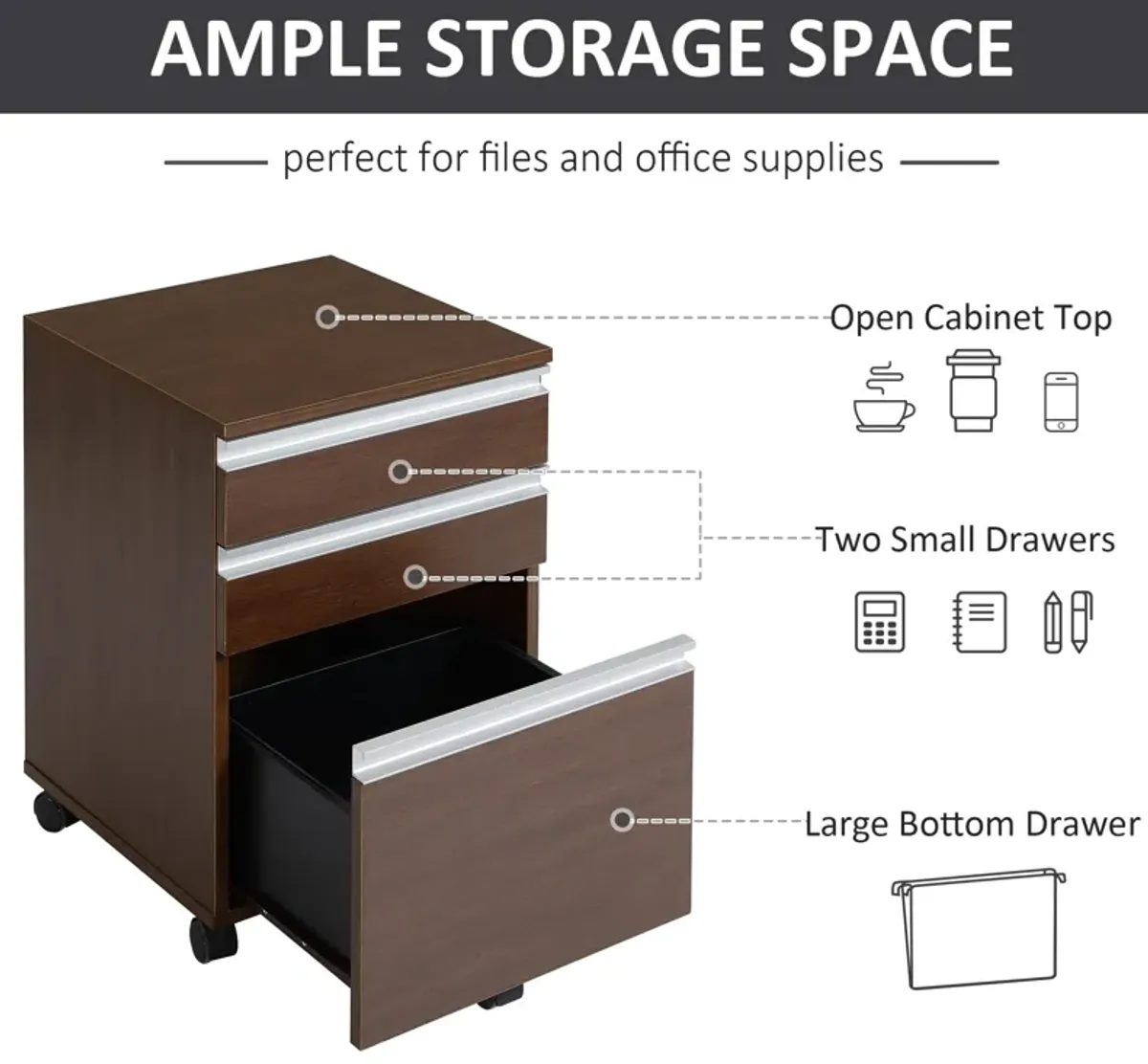 Brown Mobile Organizer: 3-Drawer Rolling File Cabinet for Office