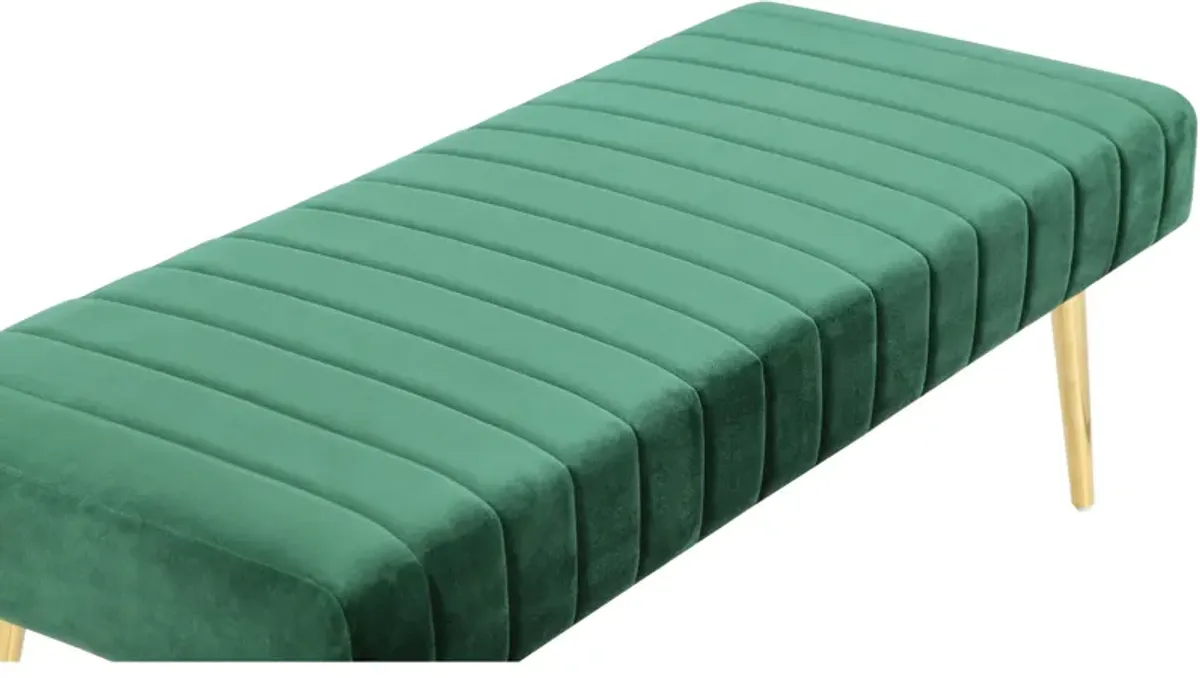 Lida 45 Inch Bench, Cushioned Channel Tufting, Green Velvet Upholstery, Gold - Benzara