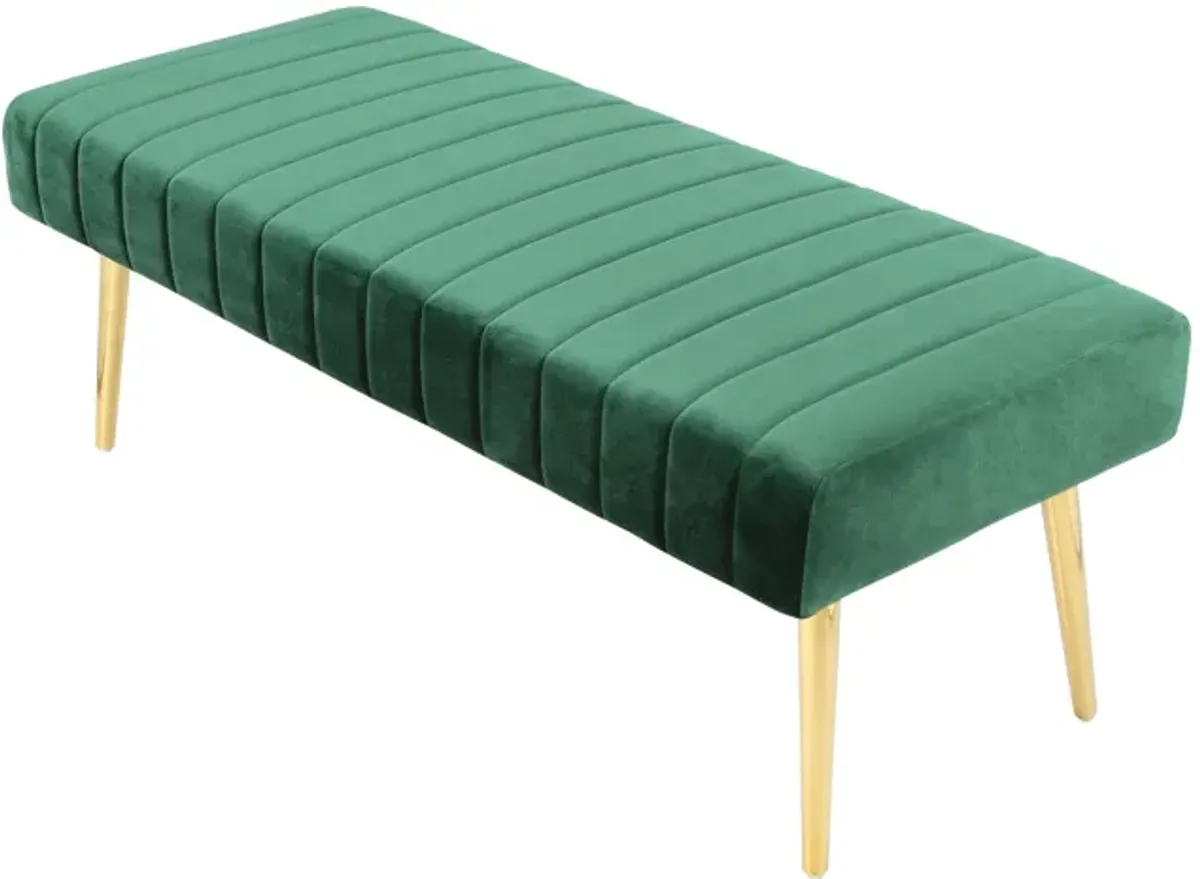 Lida 45 Inch Bench, Cushioned Channel Tufting, Green Velvet Upholstery, Gold - Benzara