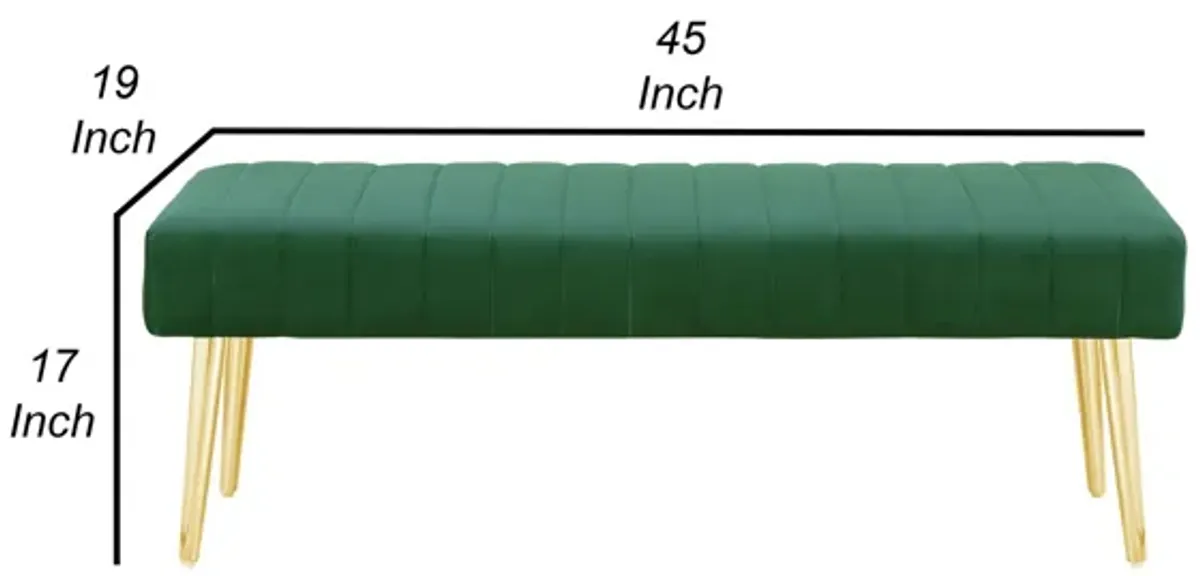 Lida 45 Inch Bench, Cushioned Channel Tufting, Green Velvet Upholstery, Gold - Benzara