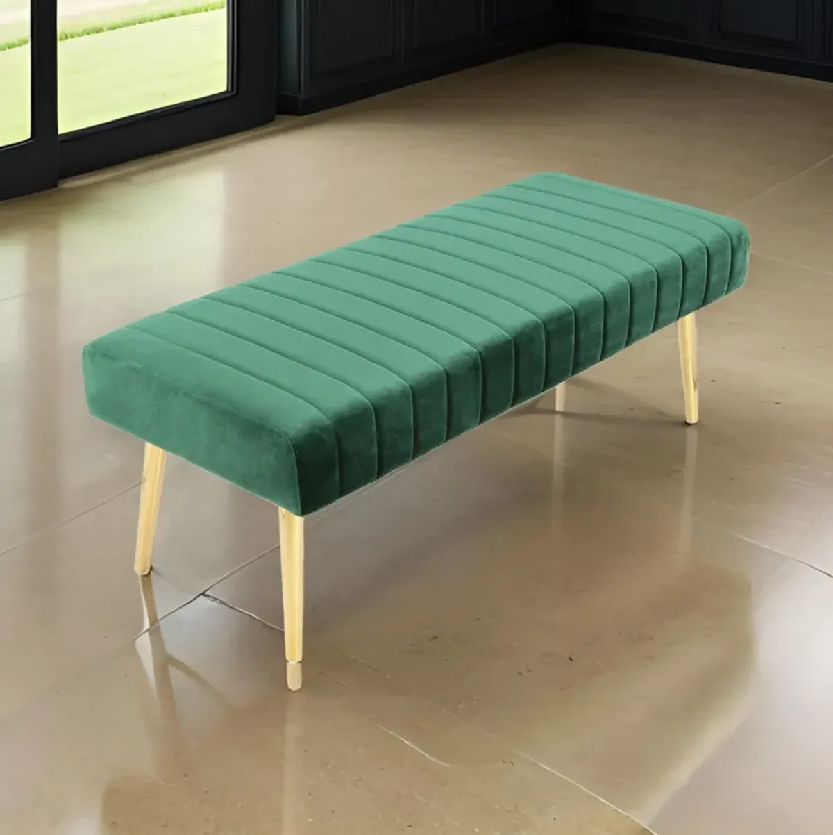 Lida 45 Inch Bench, Cushioned Channel Tufting, Green Velvet Upholstery, Gold - Benzara