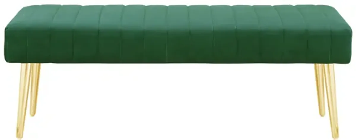 Lida 45 Inch Bench, Cushioned Channel Tufting, Green Velvet Upholstery, Gold - Benzara