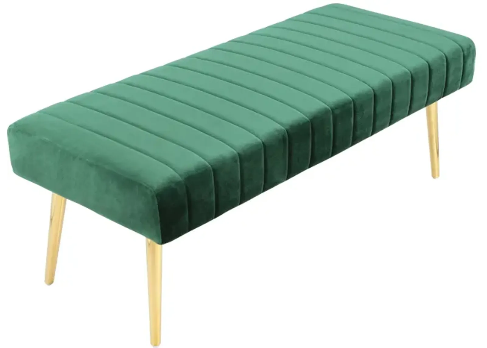 Lida 45 Inch Bench, Cushioned Channel Tufting, Green Velvet Upholstery, Gold - Benzara