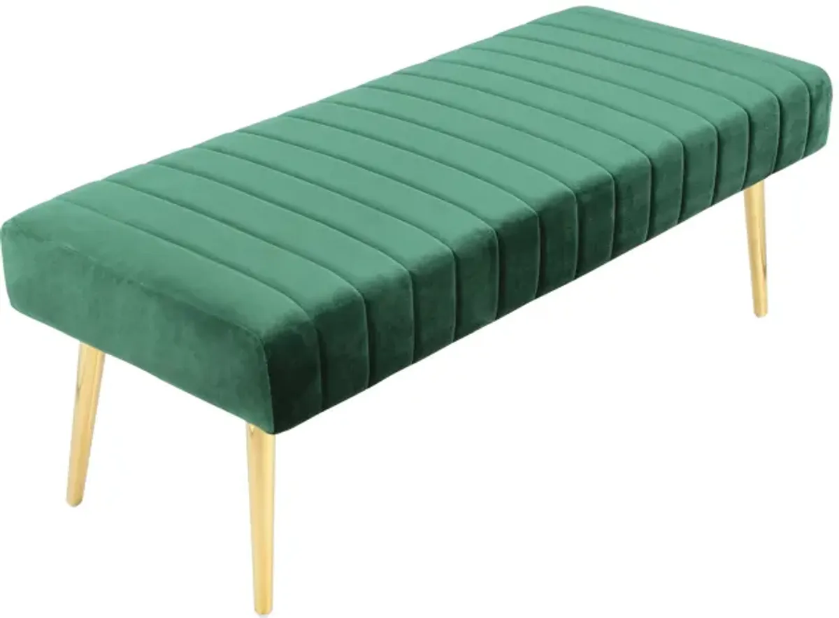 Lida 45 Inch Bench, Cushioned Channel Tufting, Green Velvet Upholstery, Gold - Benzara