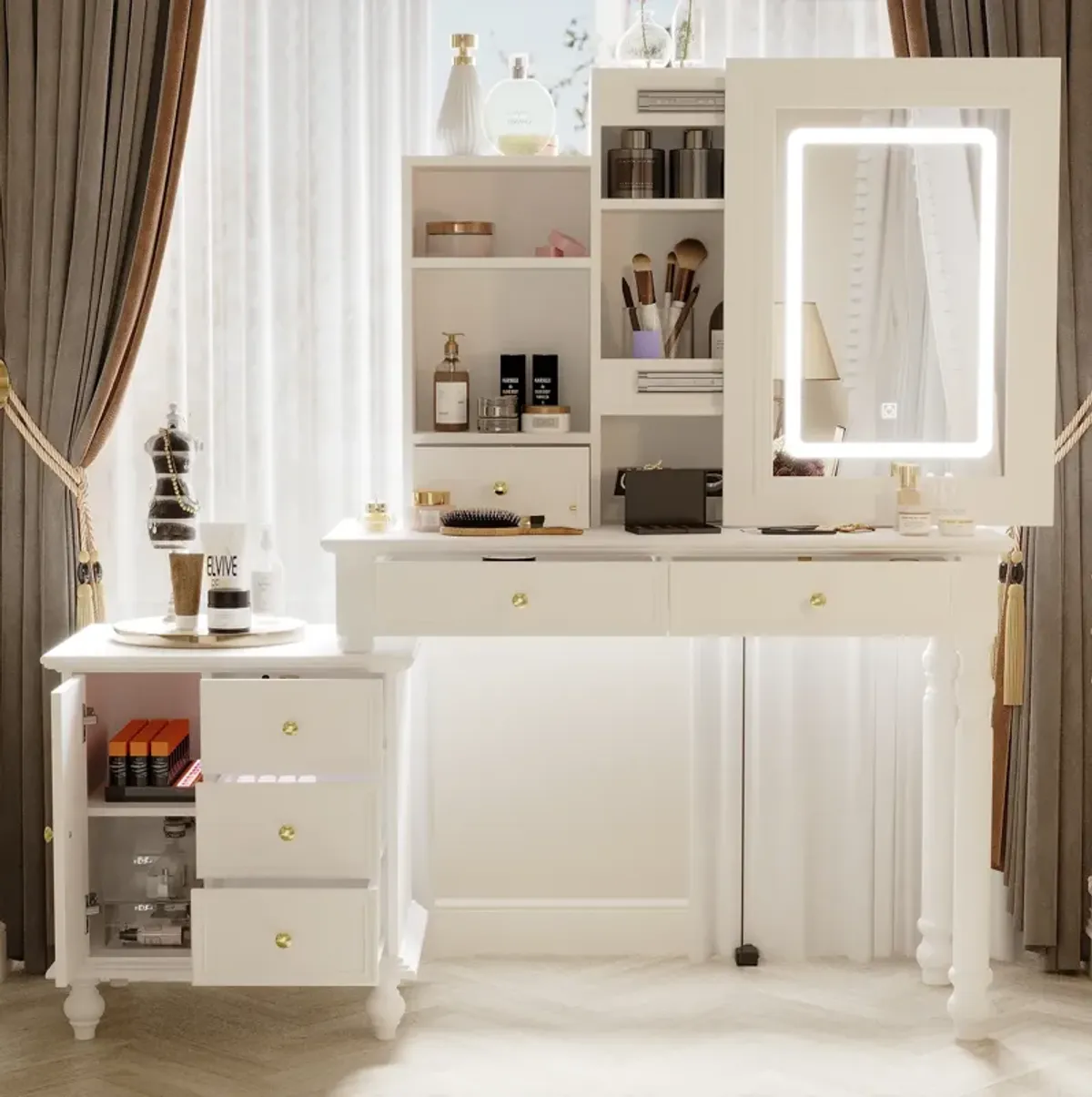 FUFU&GAGA LED Color Change Mirror Makeup Vanity Sets with Drawer and Storage Shelves,(76.5" W x 15.7" D x 56.9" H),White