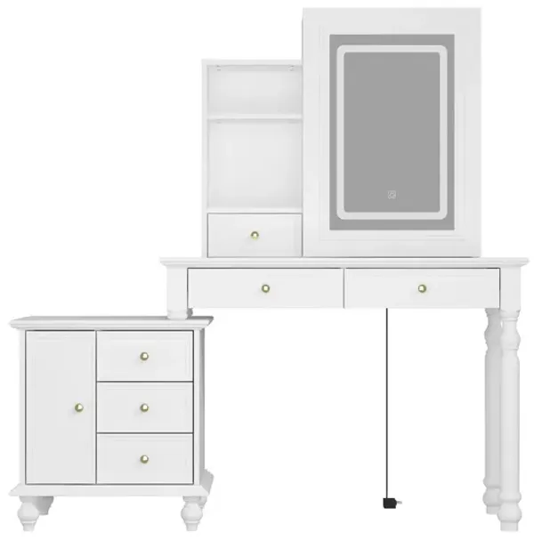 FUFU&GAGA LED Color Change Mirror Makeup Vanity Sets with Drawer and Storage Shelves,(76.5" W x 15.7" D x 56.9" H),White