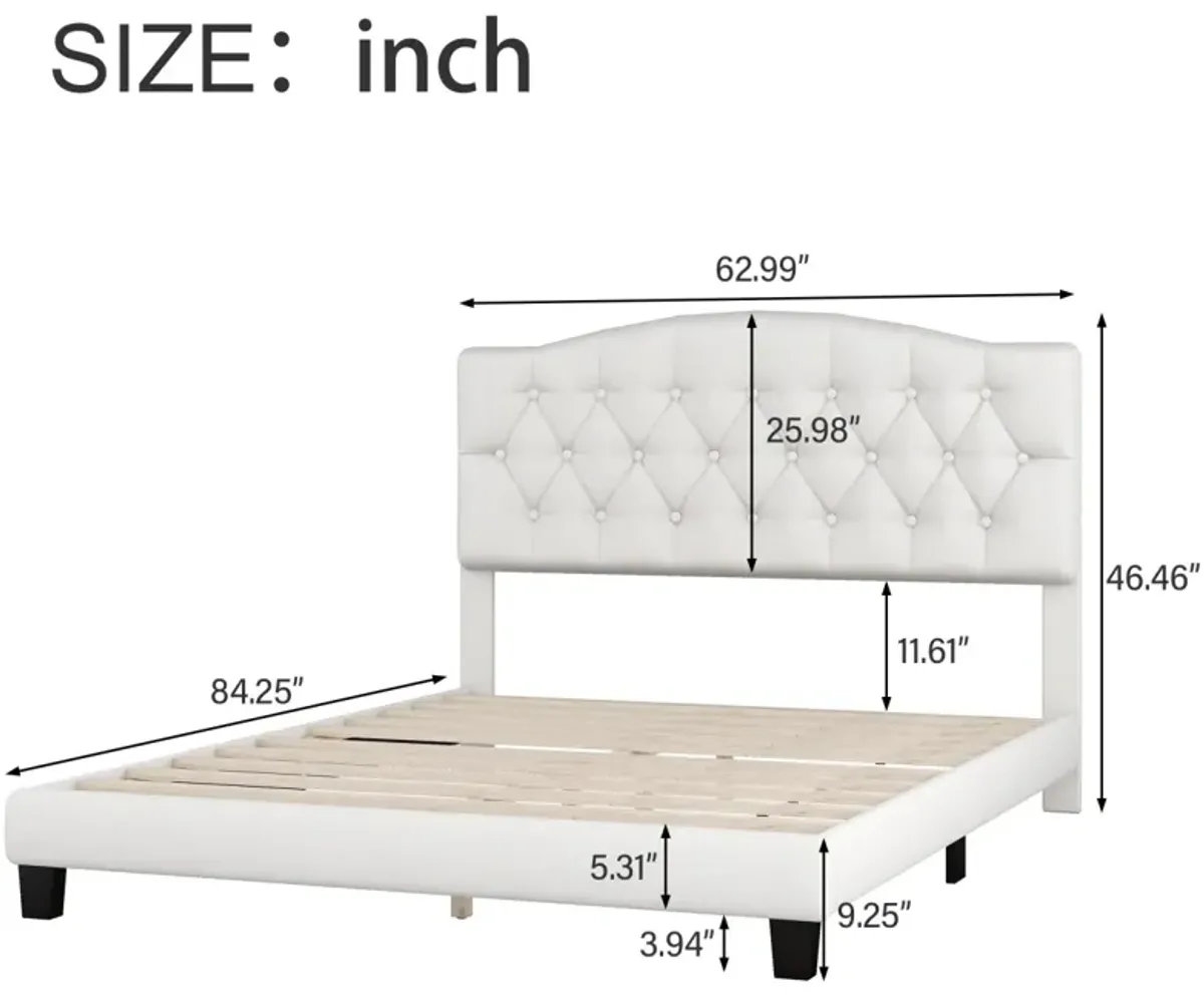 Upholstered Platform Bed With Saddle Curved Headboard And Diamond Tufted Details, Queen