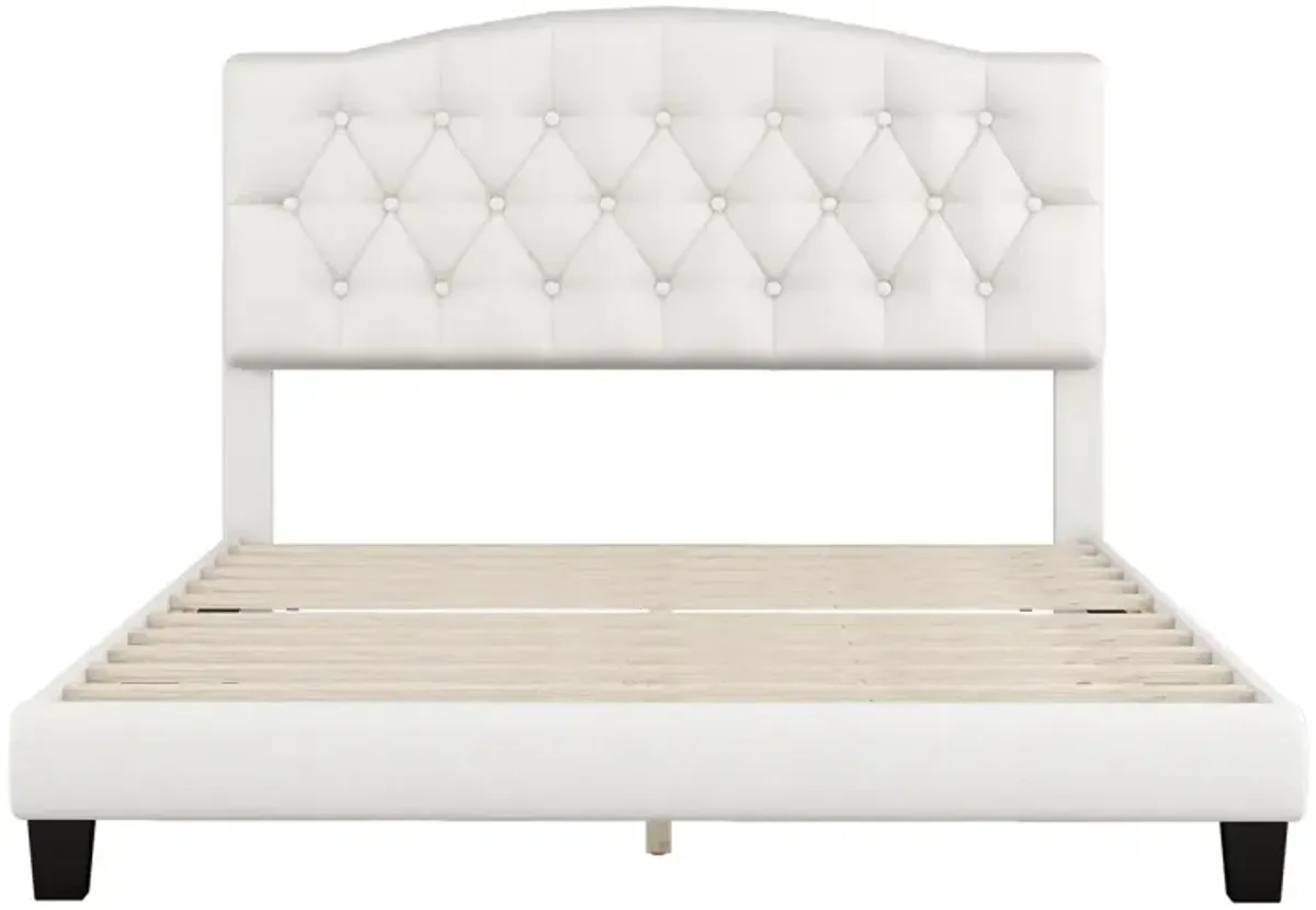 Upholstered Platform Bed With Saddle Curved Headboard And Diamond Tufted Details, Queen