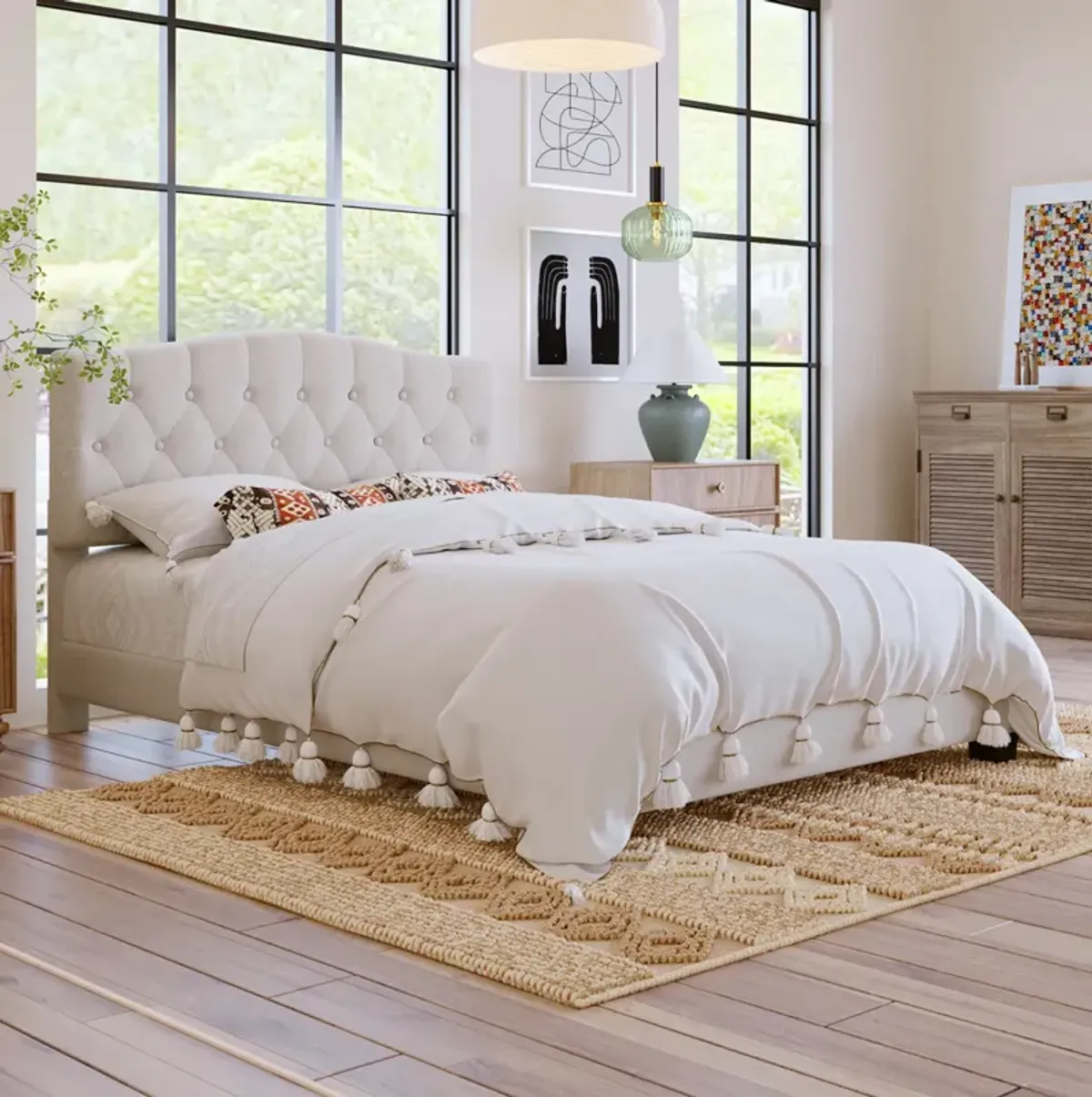 Upholstered Platform Bed With Saddle Curved Headboard And Diamond Tufted Details, Queen