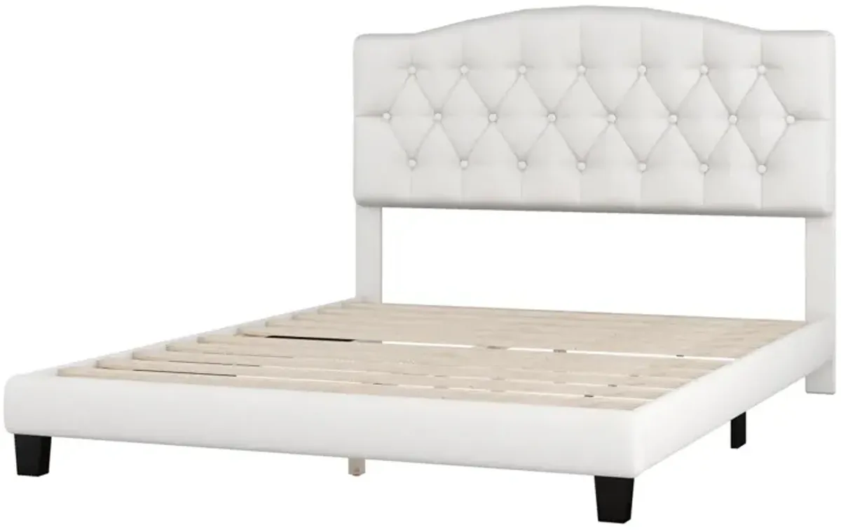 Upholstered Platform Bed With Saddle Curved Headboard And Diamond Tufted Details, Queen