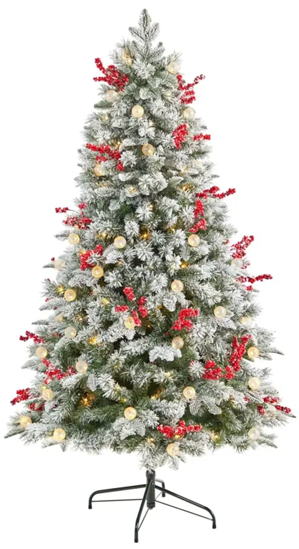 Nearly Natural 6-ft Snow Tipped Norwegian Fir Pre-Lit Artificial Christmas Tree with 200 LED Lights, 50 LED Globe Lights, Berries and 906 Bendable Branches
