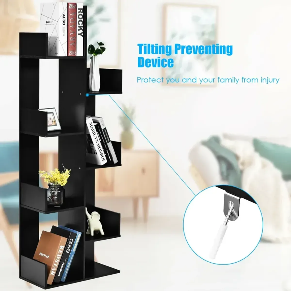 8-Tier Bookshelf Bookcase with 8 Open Compartments Space-Saving Storage Rack