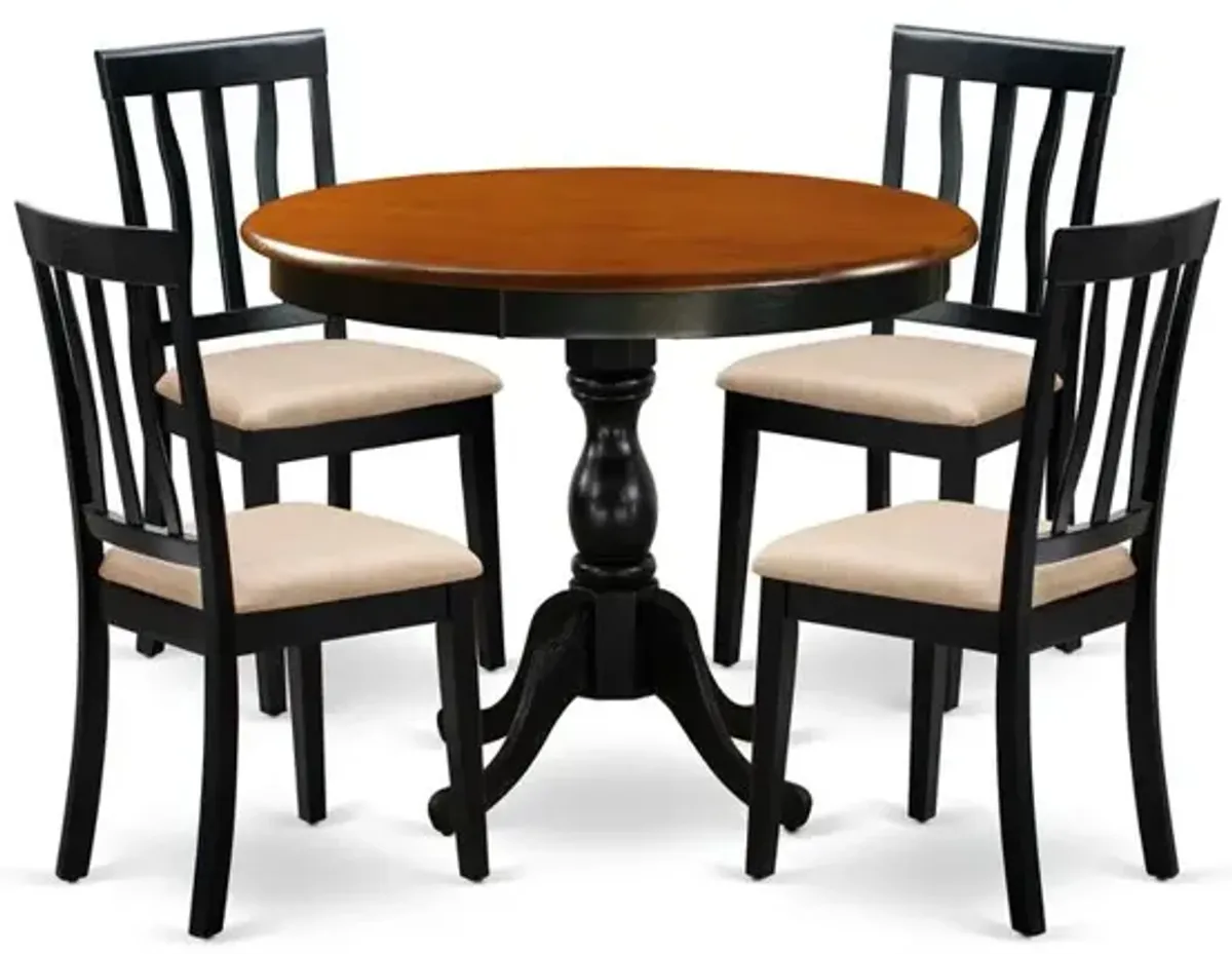 East West Furniture 5-Pc Modern Dining Table Set Consists of a Kitchen Dining Table and 4 Linen Fabric Dining Room Chairs with Slatted Back - Black Finish