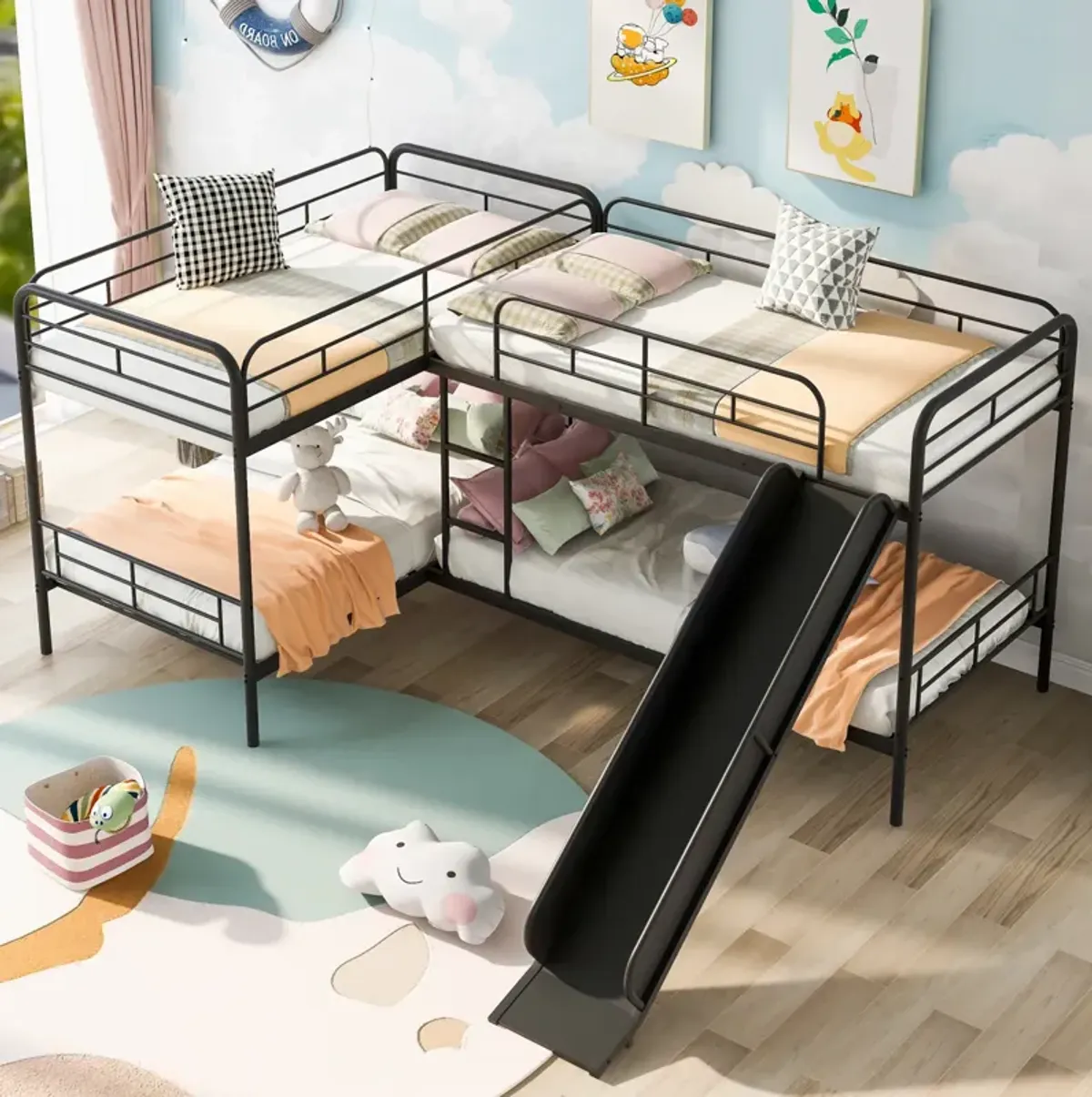 Twin Size L-Shaped Bunk Bed With Slide And Ladder