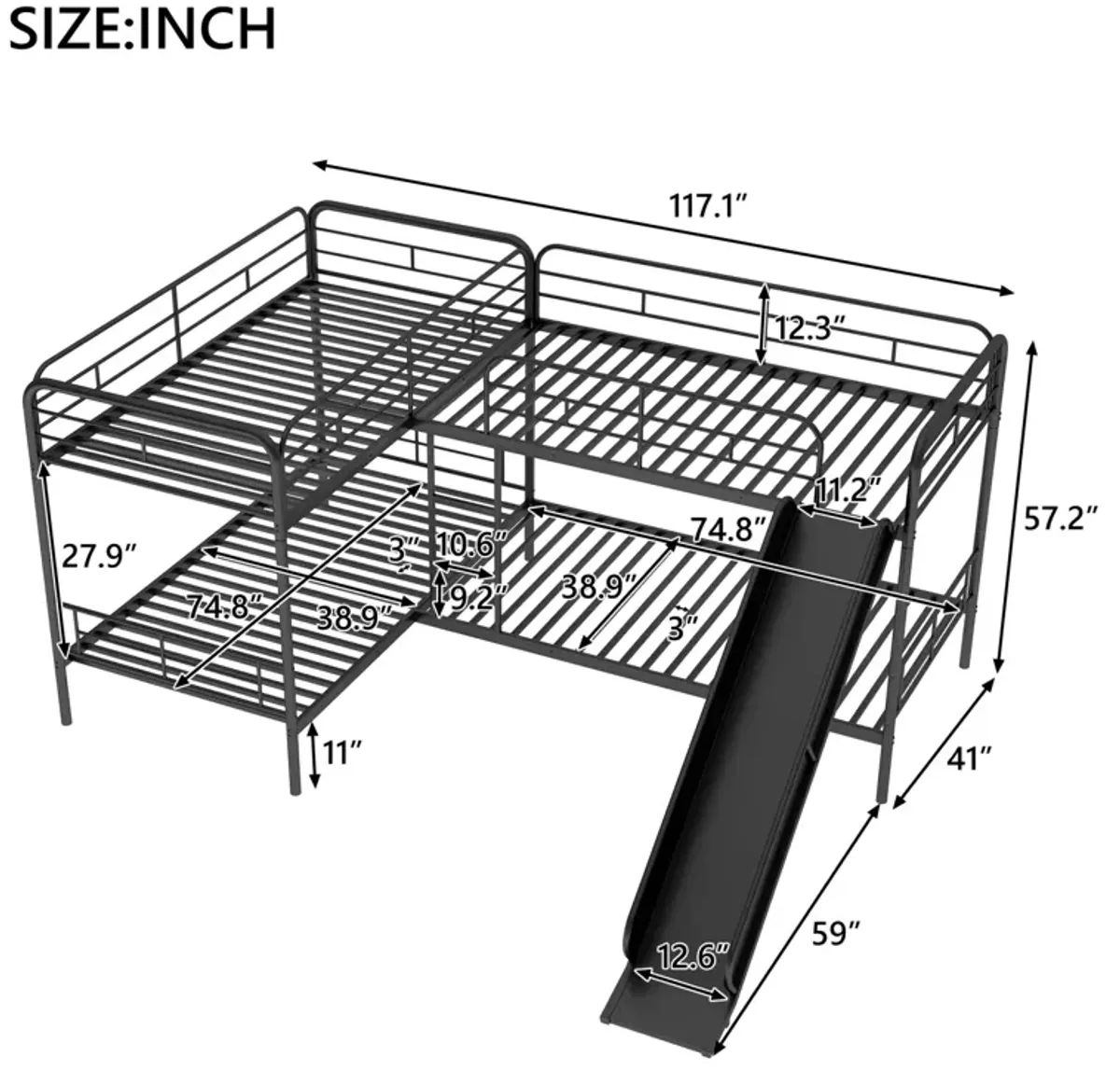 Twin Size L-Shaped Bunk Bed With Slide And Ladder