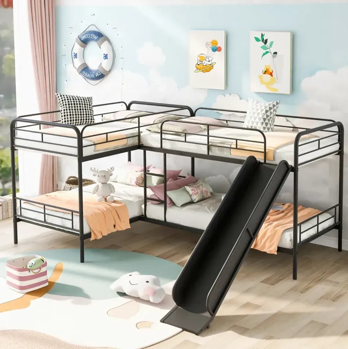 Twin Size L-Shaped Bunk Bed With Slide And Ladder