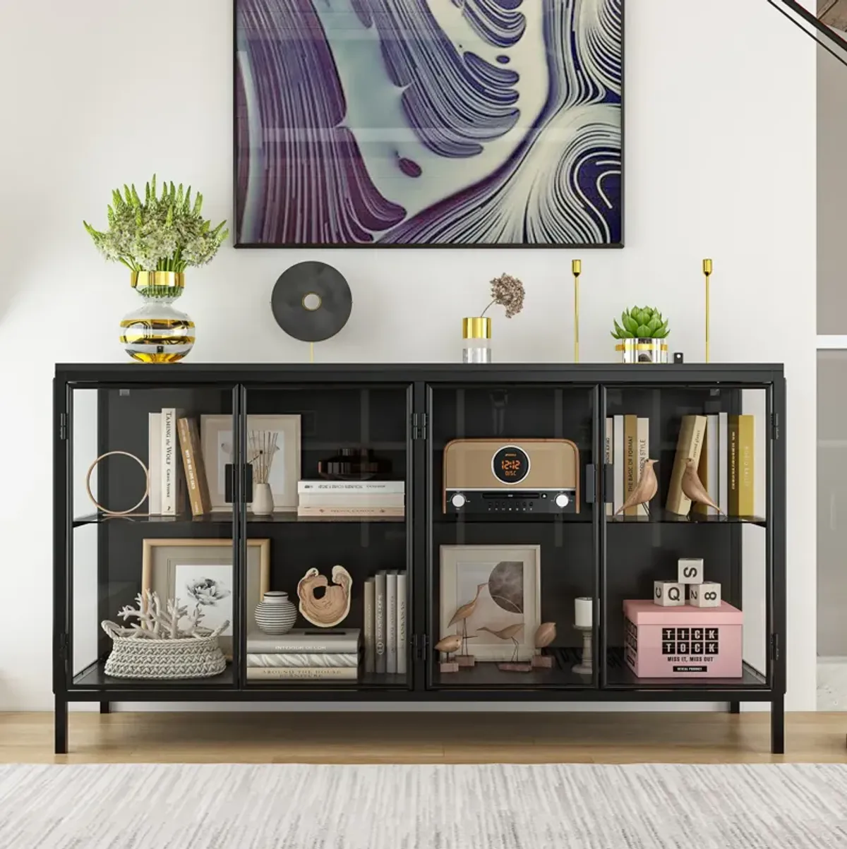 FUFU&GAGA Modern Glass Bookcase, Stylish & Durable Display Cabinet with Glass Doors for Living Room & Office,(55.1" W x 29.5" H x 15.7" D),Black