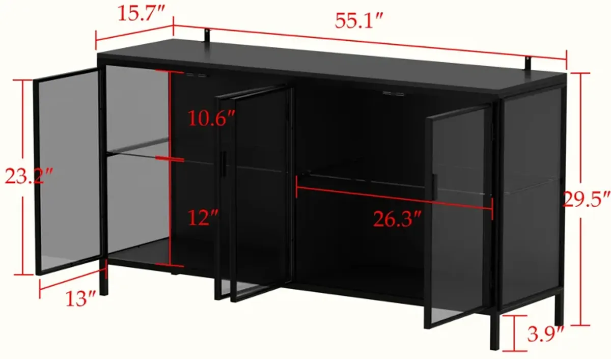 FUFU&GAGA Modern Glass Bookcase, Stylish & Durable Display Cabinet with Glass Doors for Living Room & Office,(55.1" W x 29.5" H x 15.7" D),Black