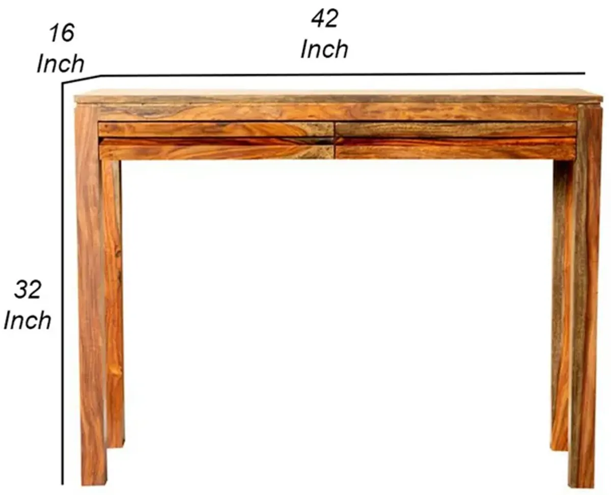 42 Inch Console Sofa Table, 2 Gliding Drawers, Sheesham Wood, Chestnut - Benzara