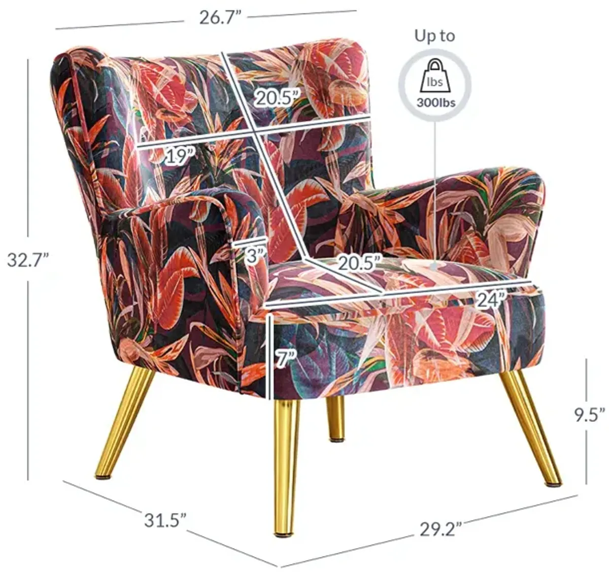 BELLEZE Modern Accent Chair, High Back Floral Pattern Armchair with Metal Legs, Upholstered Wingback Single Chair for Living Room Bedroom Office - Holland (Red Floral)