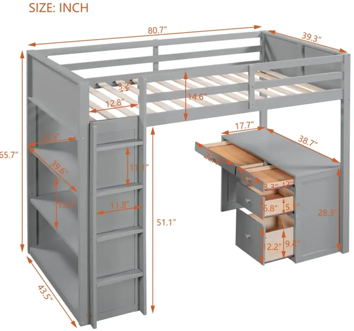 Twin Size Loft Bed With Ladder, Shelves, And Desk